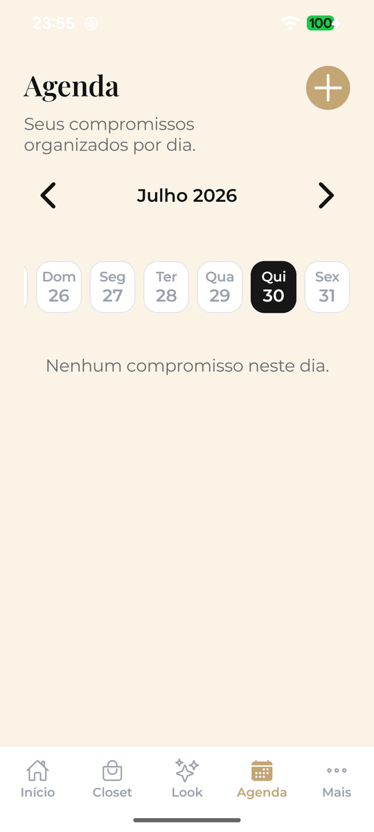 Tela Agenda do Closette Look mostrando os dias da semana e os compromissos de cada dia.