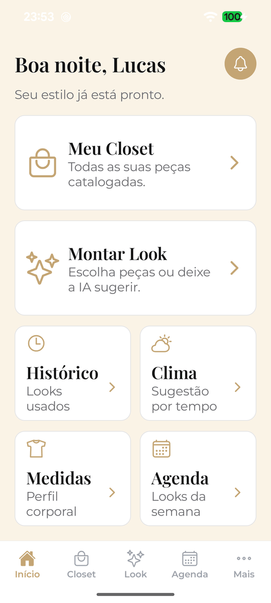 Tela inicial do Closette Look com atalhos para Meu Closet, Montar Look, Histórico, Clima, Medidas e Agenda.