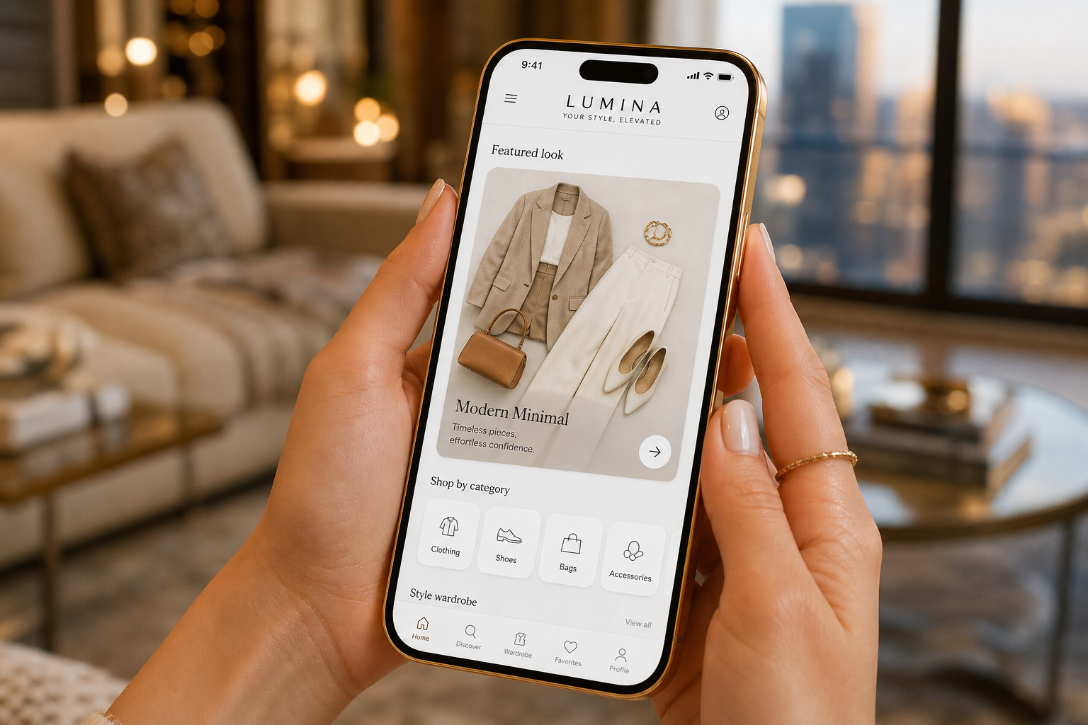 Smartphone segurado com aplicativo minimalista de moda ao estilo Closette Look