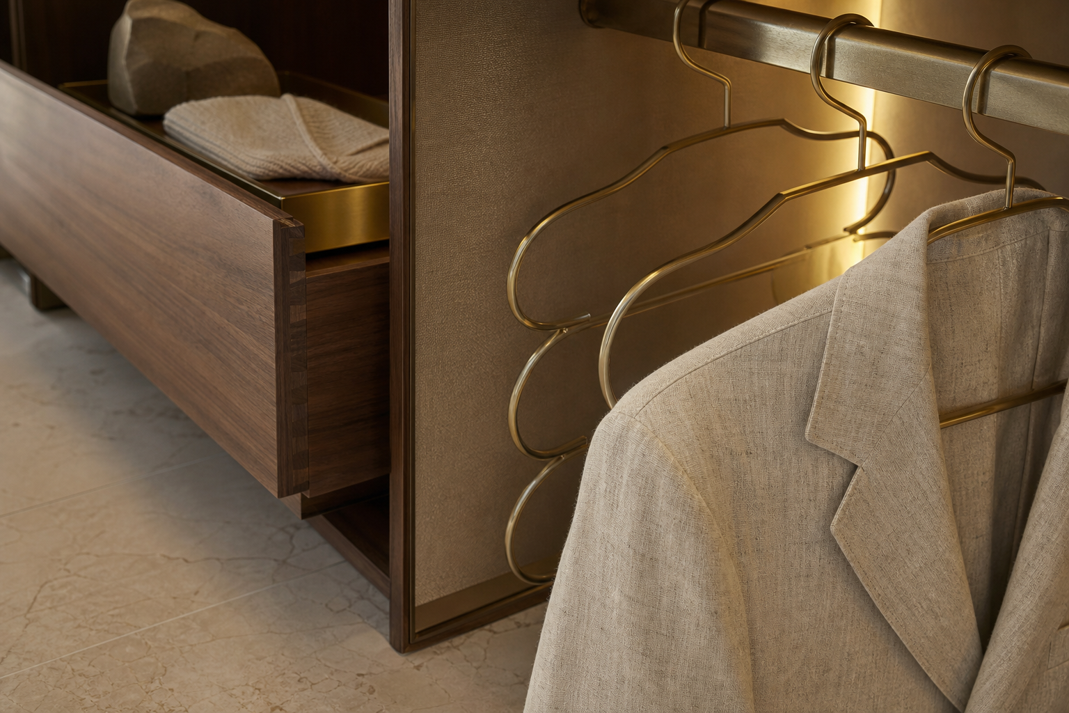 Detalhe têxtil e cabides em tonalidade champanhe — curadoria de luxo contenido