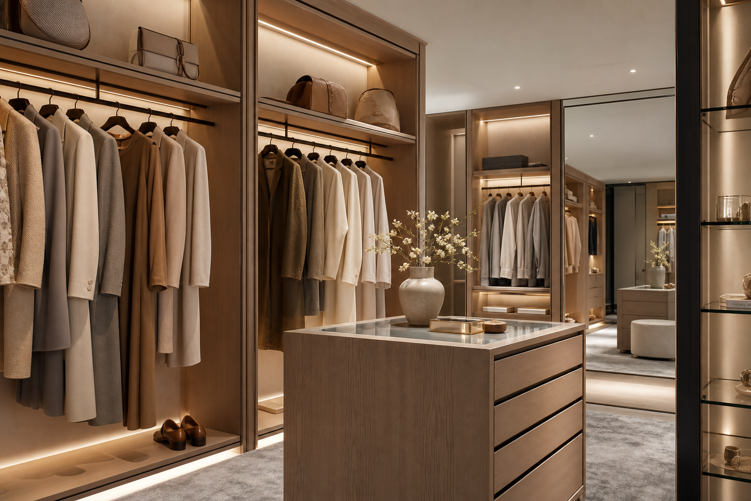 Closet walk-in contemporâneo com iluminação ambiente quente — referência premium Closette Look