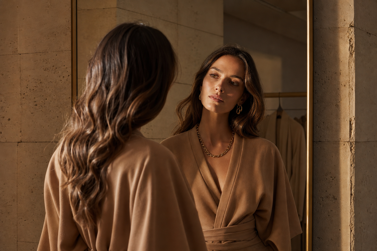 Mulher em look monocromático acolcheoado revisando reflexo no espelho, luz dourada suave